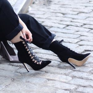Stilleto faux suede corset lace up heels